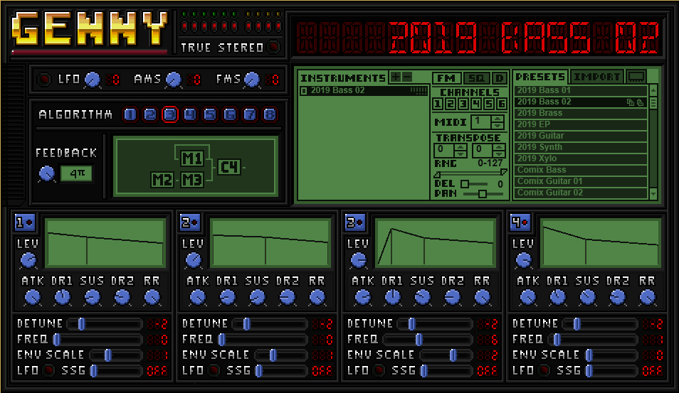 screenshot of free VST instrumental plugin Genny chiptune 16-bit Mega Drive sound emulation